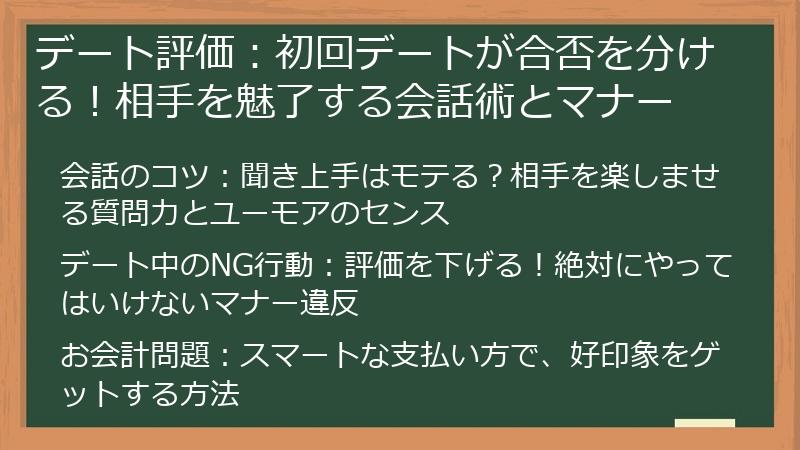 デート評価：初回デートが合否を分ける！相手を魅了する会話術とマナー