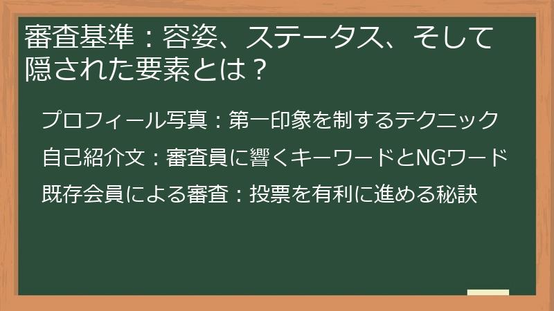 審査基準：容姿、ステータス、そして隠された要素とは？
